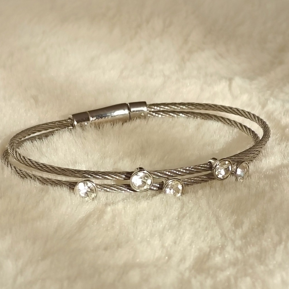 Fossil Cable Bracelet Silver Steel Double Strand Clear Crystal Bangle Modern